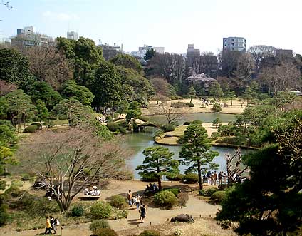 六義園 小山の上から下を眺めて