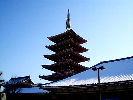 浅草寺の裏 雪が残っている五重塔